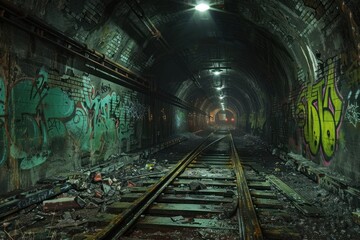 Obraz premium A dark tunnel with graffiti on the walls and a train track