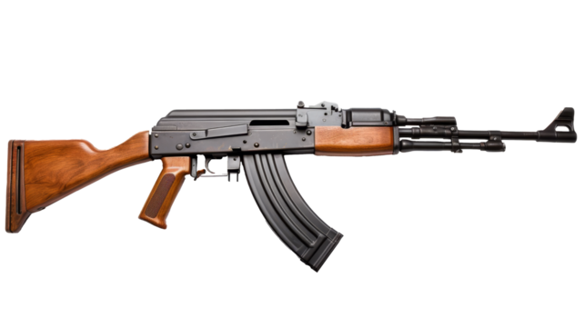Russian weapon automatic machine assault rifle isolated on transparent background PNG cut out clipart.
