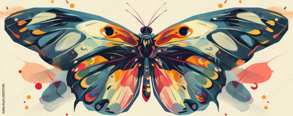 Poster artistic rendering of a vibrant, symmetrical butterfly with intricate patterns