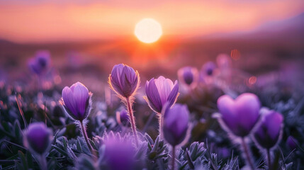 Closeup of purple flowers growing on field during sunset
