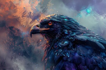Fototapeta premium Futuristic cybernetic eagle concept art with vibrant colors, detailed illustration, and organic elements