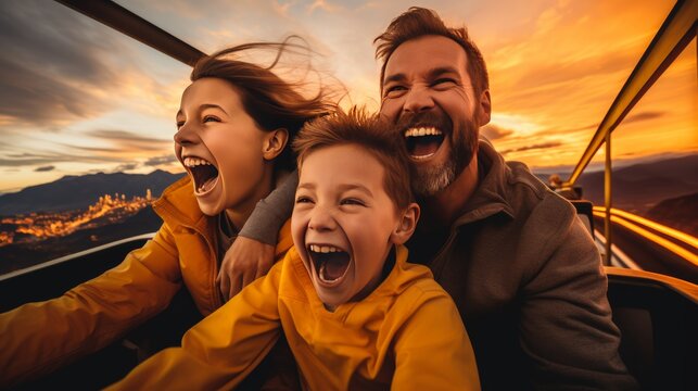 Mother and two children delighting in thrilling rollercoaster ride at amusement park