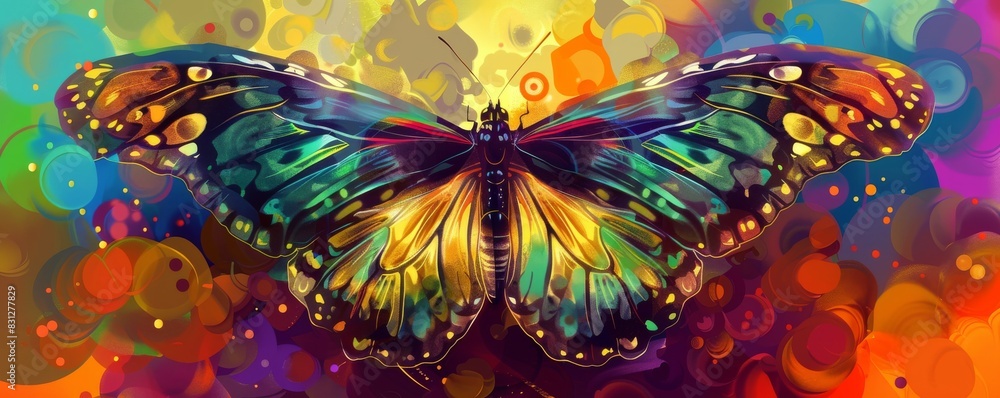Poster digital painting of a colorful butterfly with an abstract, bokeh background