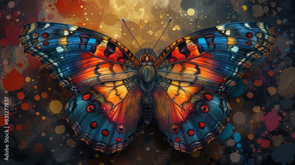 Poster artistic rendering of a butterfly with vibrant wings, set against a splattered colorful background