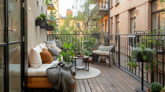 Scandinavian balcony with wooden flooring, minimalist furniture, potted plants, and a serene atmosphere