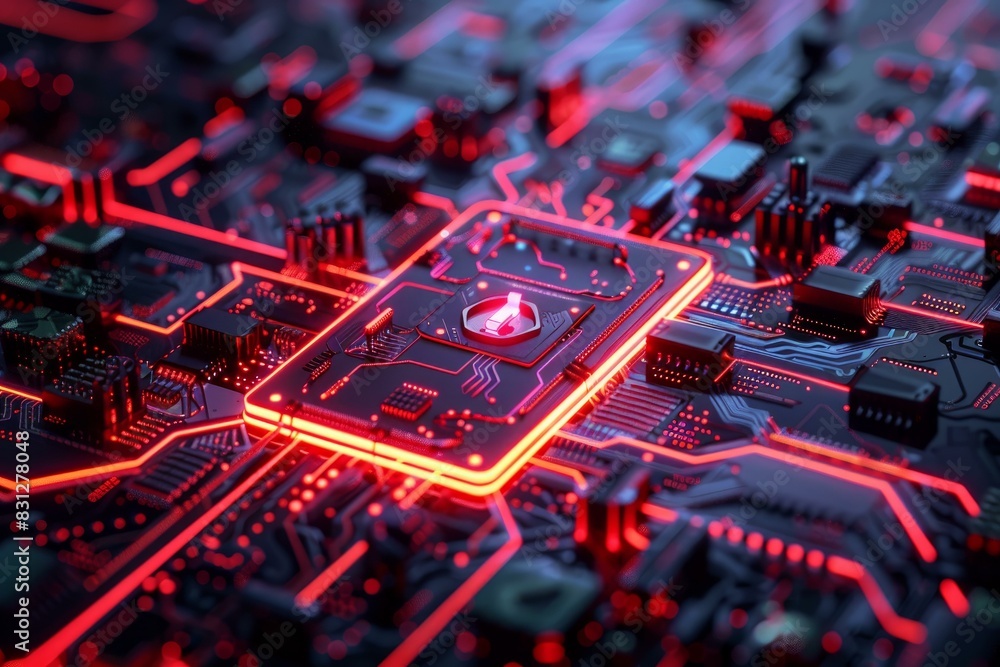 Aufkleber closeup of a futuristic circuit board with a radiant central processor and intricate connections