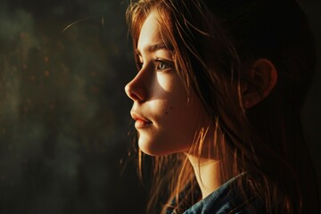 Portrait of a girl looking away in a solid color background, AI generated