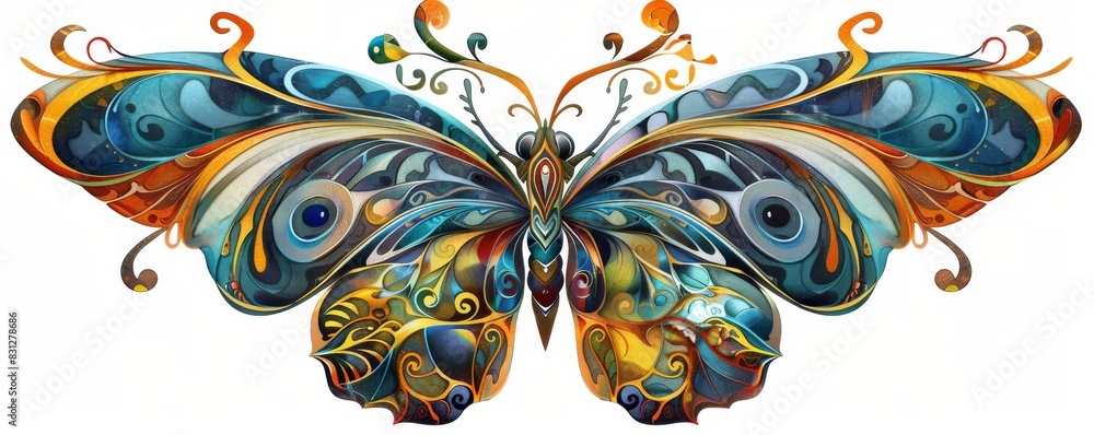 Poster vibrant artistic rendering of a butterfly with intricate patterns and vivid colors