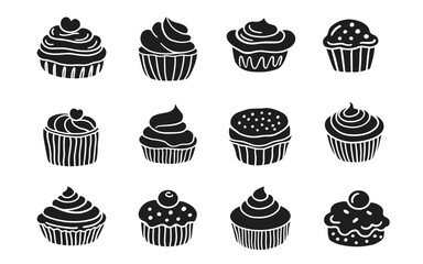 Sweet Bakery Menu Dessert Cupcakes Doodle Icon Set