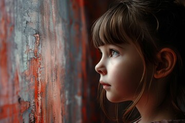 Fototapeta premium Portrait of a girl looking away in a solid color background, AI generated
