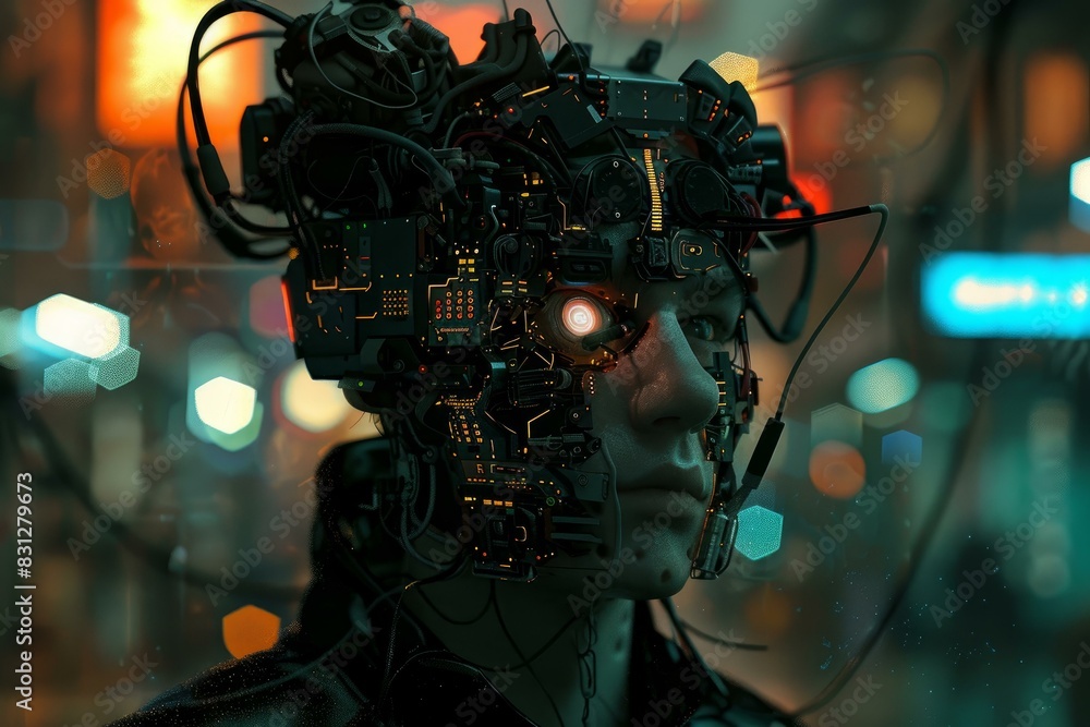 Poster closeup image showcasing a hyperrealistic android with intricate circuitry and glowing red eye