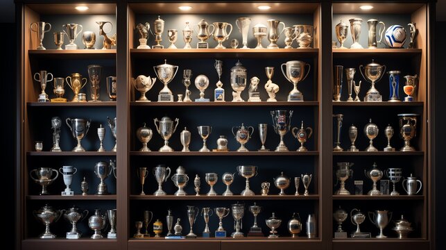 A well-lit wooden trophy cabinet filled with numerous silver trophies and awards, showcasing achievements and successes in various fields.