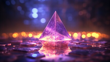Fototapeta premium Captivating mystical crystal pyramid glowing with vibrant purples and blues, surrounded by soft bokeh lights, perfect for fantasy and magic themes.