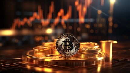 Close-up of Bitcoin coins with rising market graph background, symbolizing cryptocurrency investment and financial growth.
