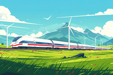 Fototapeta premium High Speed Rail Trains and Windmills Traveling in the Mountains and Wilderness - Concepts of Clean Energy and Green Development