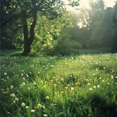 Springs vitality depicted through a field of young green grass and scattered dandelions, with garden trees in the distance, offering a tranquil natural background