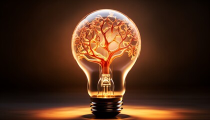 Creative representation of innovation with a tree inside a glowing light bulb, symbolizing growth, energy, and sustainability.