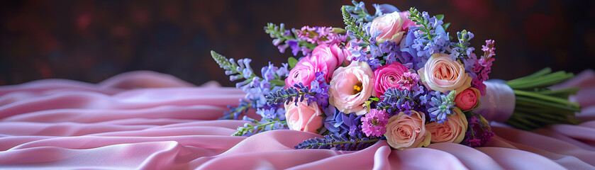 A beautiful bouquet of pink and purple flowers sits on a bed of pink silk. The perfect centerpiece for any special occasion.