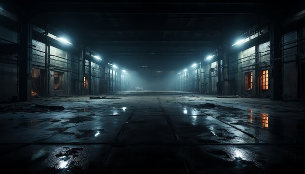 Dimly lit abandoned industrial warehouse with reflective floors and misty atmosphere, creating an eerie and mysterious vibe.