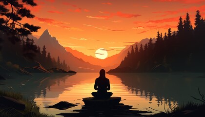 Person meditating by the tranquil lake, surrounded by mountains and trees, under a vibrant sunset sky reflecting on the water.