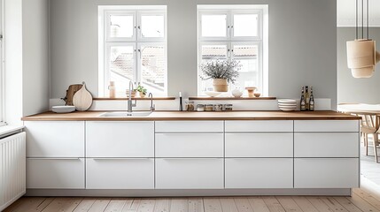 Scandinavian kitchen with sleek white cabinets, wooden countertops, minimalist design, and natural light