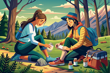 Obraz premium two people sitting on rocks in a wooded area with mountains in the background. Next to them are backpacks and a water bottle, indicating that they are hikers taking a break from their hike.