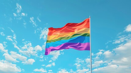 Rainbow flag waving on blue sky background. "Create an ultrarealistic photograph of the rainbow pride flag, beautifully blowing in the wind against a clear and sunny day with blue skies. The flag