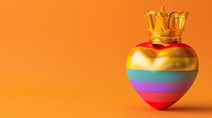 3d rainbow heart with golden crown on orange background, pride celebration concept