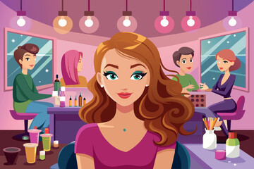A girl on the background of the interior of a beauty salon in the form of a cartoon. The room has salon chairs, mirrors and various beauty products on counters.