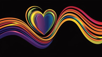 Pride Day theme rainbow heart with long wavy stripes in front on black background, vector graphic design.