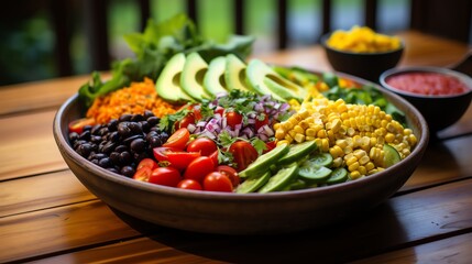 Vibrant bowl of fresh vegetables featuring avocado, corn, tomatoes, black beans, and greens. Perfect for healthy meal inspiration and salads.