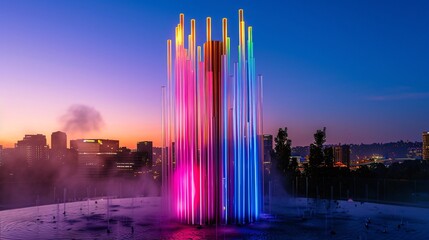 A tall, vertical water fountain with colorful light tubes at the bottom that form an array of vibrant colors in rainbow hues against twilight sky. The background is a cityscape with buildings and