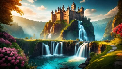 waterfall in the mountains and castle