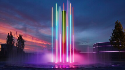 A tall, vertical water fountain with colorful light tubes at the bottom that form an array of vibrant colors in rainbow hues against twilight sky. The background is a cityscape with buildings and