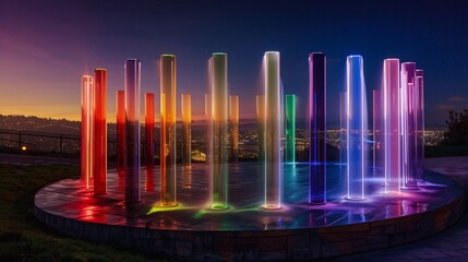 Water fountain design, colorful light strips form the outline of pillars in front of it, located on top of an urban hillside with city lights at night, creating a futuristic and technological