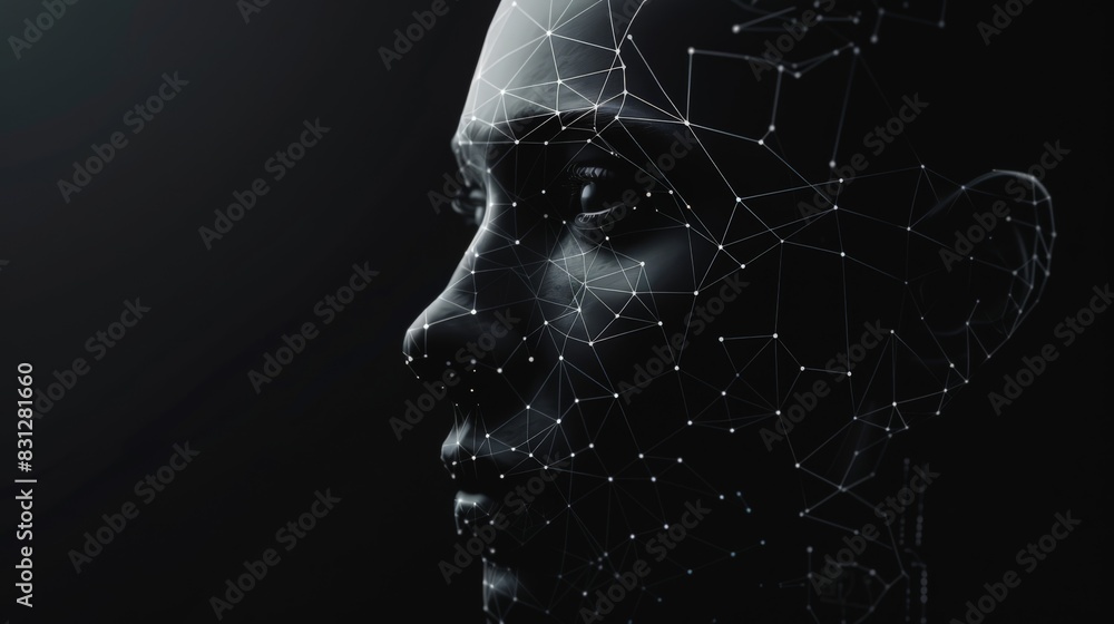 Aufkleber Profile of a digital face with interconnected points on a dark background. Emphasizes intricacies of facial recognition technology.