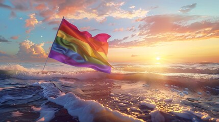 A colorful rainbow flag is waving in the wind, with waves of sea water below and a setting sun behind it. The background features a vast ocean surface, creating an abstract composition that