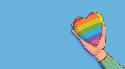 3d cartoon hand holding rainbow heart on blue background, copy space concept for lgbt and pride day celebration.