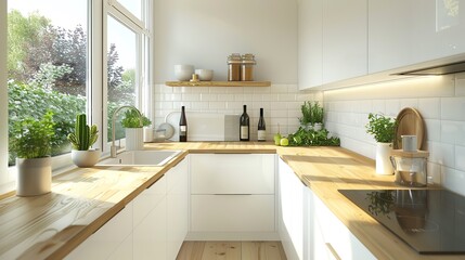 Scandinavian kitchen with wooden countertops, sleek white cabinets, minimalist design, and natural light