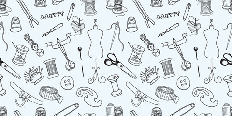 Sewing tools set, seamless pattern, atelier,fashion, contour drawings, dressmaking, vector background,wallpaper,paper