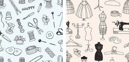 Sewing tools set, seamless pattern, contour drawings, atelier, fashion, dressmaking, vector background,wallpaper,paper