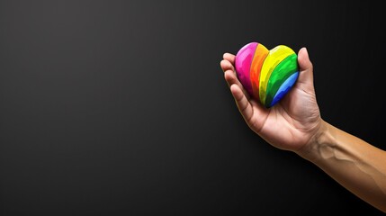 3D cartoon of hand holding rainbow heart on black background, LGBT concept