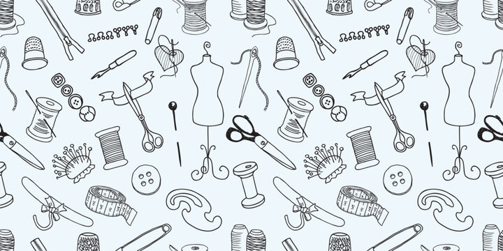 Sewing tools set, seamless pattern, atelier,fashion, contour drawings, dressmaking, vector background,wallpaper,paper