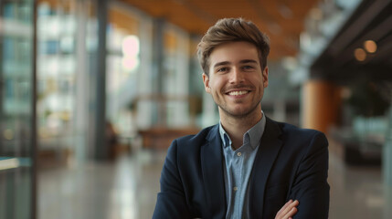 Fototapeta premium Confident young businessman smiling at camera. Portrait of a friendly young businessman smiling at the camera in a modern office building.