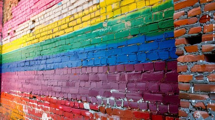 The rainbow flag is painted on the wall of an old brick building. The background color should be bright and vibrant, and the colors in the rainbow pattern can also have some texture to them. This