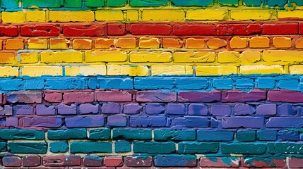 A rainbow flag painted on an old brick wall. The background is white, with the rainbow flag arranged in horizontal rows of different colors from top to bottom. It creates a beautiful and vibrant