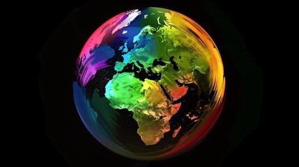 3d colorful globe with rainbow colors on black background, globe is in the center of composition, globe has a thick brush paint texture on it's surface, globe has a smooth curved edge and inside