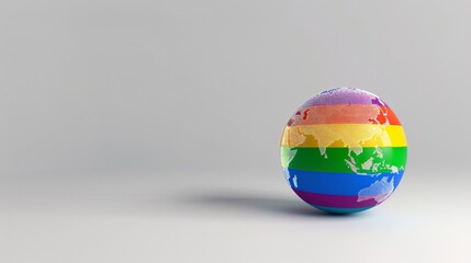 A globe with the rainbow flag on a white background, rendered in 3D vector graphics with high resolution, detail, quality and definition. The image has high sharpness, clarity and naturalism due to