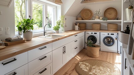 Scandinavian utility room with minimalist design, white cabinets, wooden countertops, and natural light