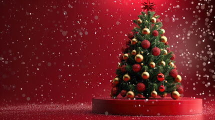 A close-up of the Christmas tree against a red background in the festive atmosphere of Christmas